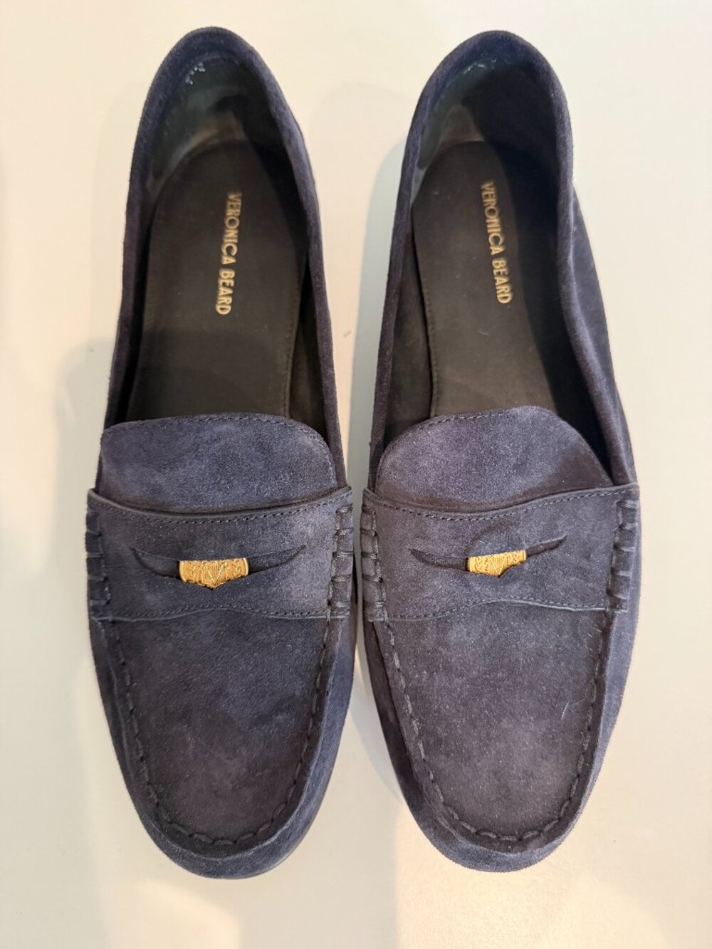 Veronica Beard Suede, Gold Coin Penny Loafers in Eclipse (Navy)